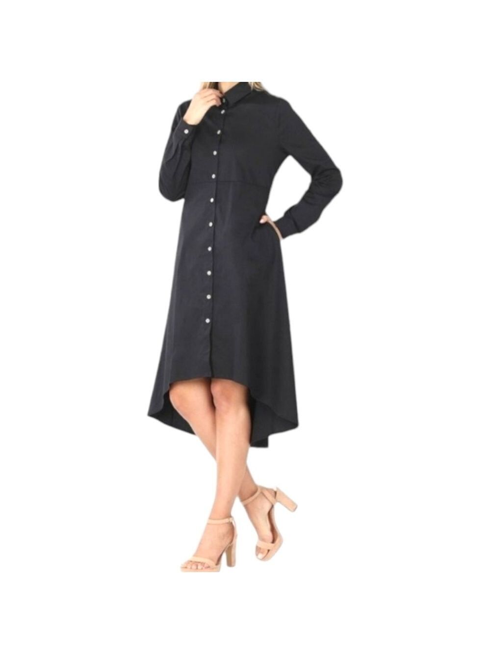 Zenana | Hi-Low Dress with Long Sleeve | Black - Picture 3 of 3